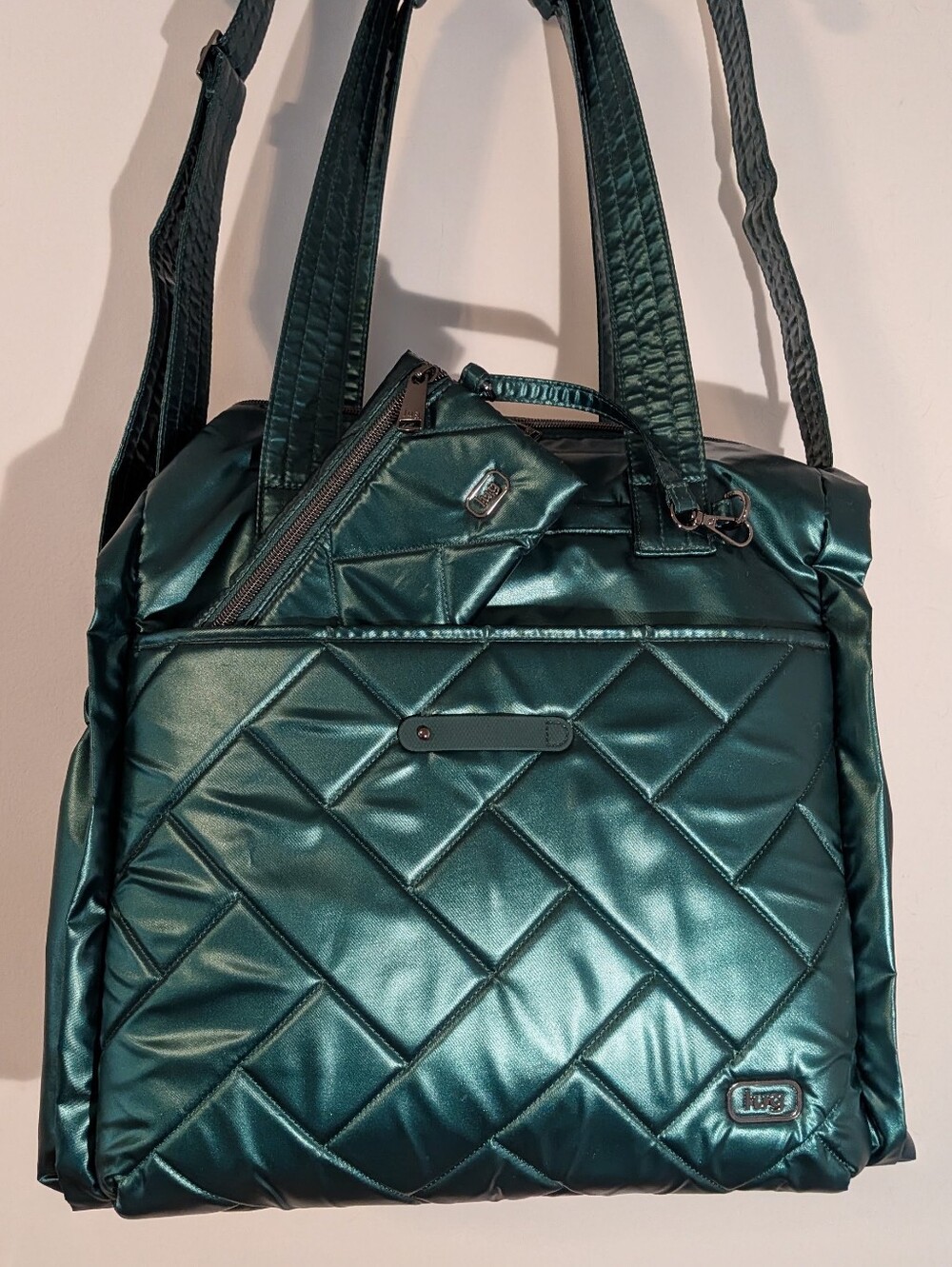 Lug Saunter Travel/Tote Bag in Rich Emerald Green with Matching Sway Pouch---EUC